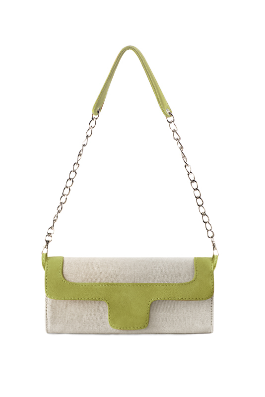 Women's natural beige and pistachio green luxurious elegant clutch for ceremonies, weddings and evenings out. - Top view